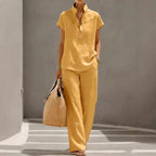 Plush Fashion Hub three-piece set with solid cardigan, short sleeve top, and matching pants for casual lounge wear.