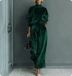 Plush Fashion Hub casual warm velour long-sleeved high-neck zipper sportswear with wide-leg design in solid color, displayed on a hanger.