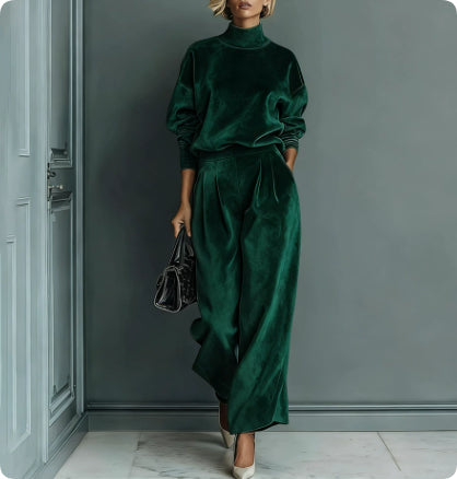 Plush Fashion Hub casual warm velour long-sleeved high-neck zipper sportswear with wide-leg design in solid color, displayed on a hanger.