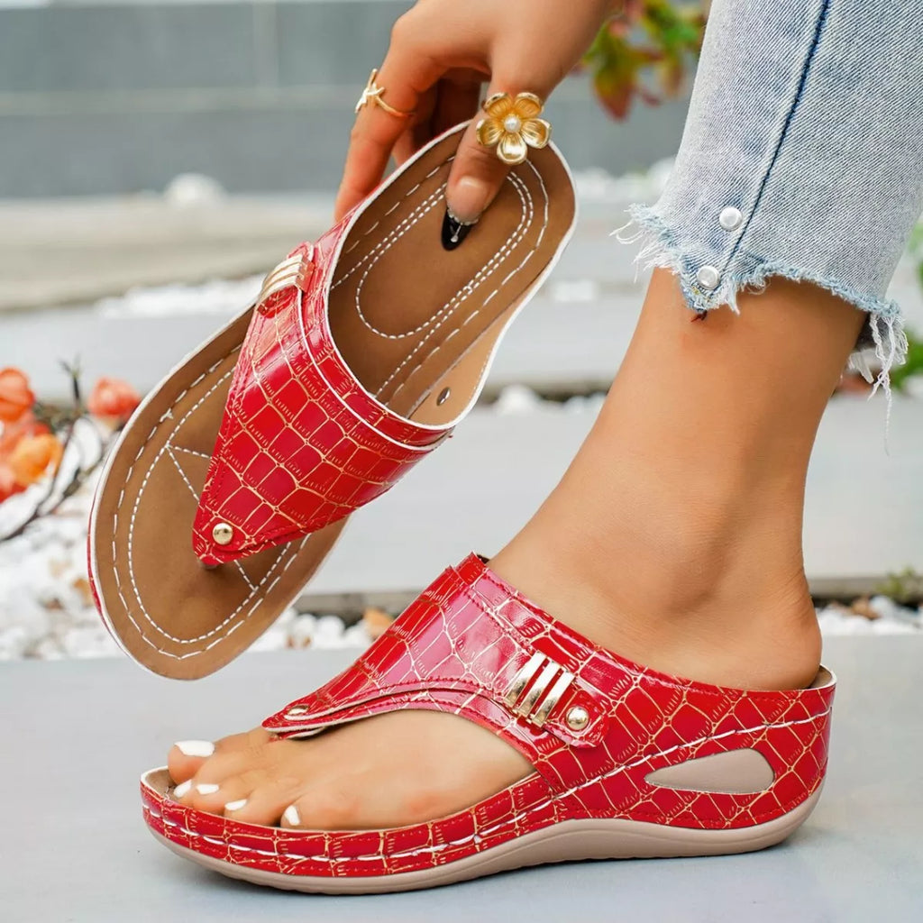 Shopimist toe post wedge sandals with tan straps and cork wedge heel, perfect for summer casual wear.