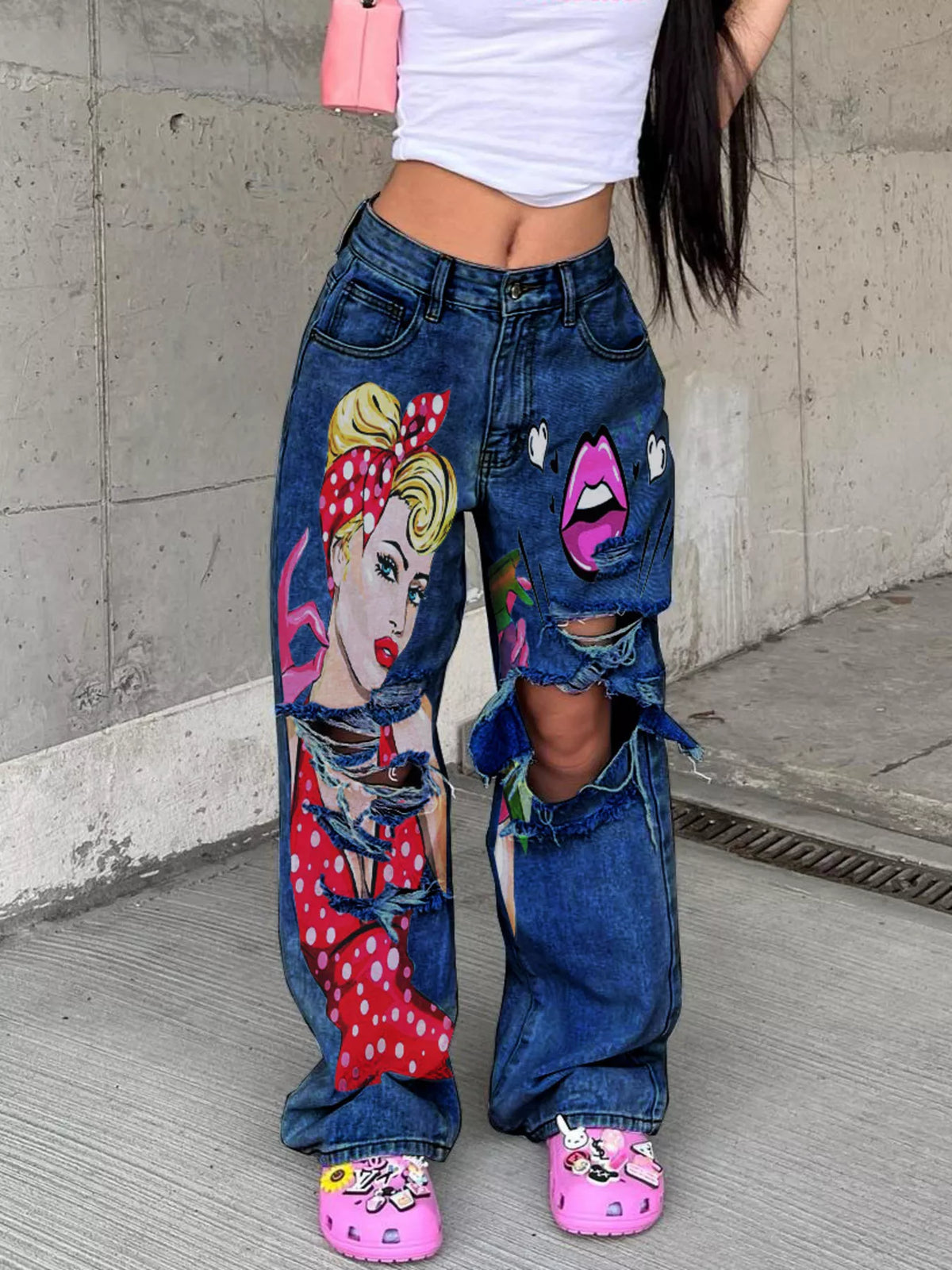 Full size distressed wide-leg jeans by Trendsi, plus size denim with relaxed fit and stylish worn-in look.