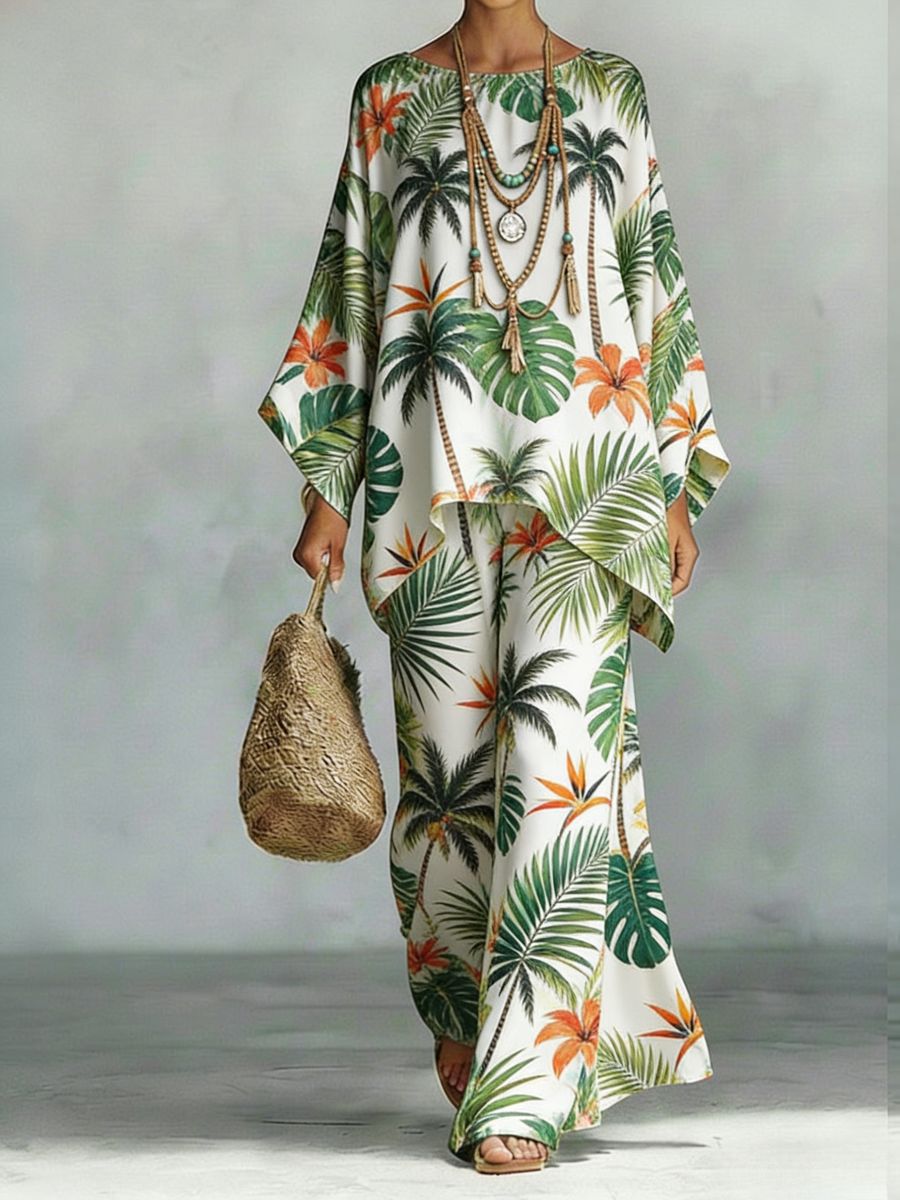 Floral print bamboo linen two-piece set with wide-leg pants from FitiqueFit, featuring a breezy, stylish design.