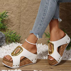 Shopimist open toe wedge sandals featuring a stylish design with a comfortable cork wedge heel and adjustable ankle strap.