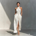 Sleeveless elegant slim-fit pure white dress from FitiqueFit, perfect for casualwear with a stylish and modern look.
