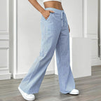 FitiqueFit women's striped print wide-leg casual pants with pockets, featuring a straight, long, and comfortable fit.