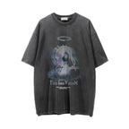 Printed washed distressed streetwear T-shirt by Plush Fashion Hub with a faded, rugged look and graphic design.