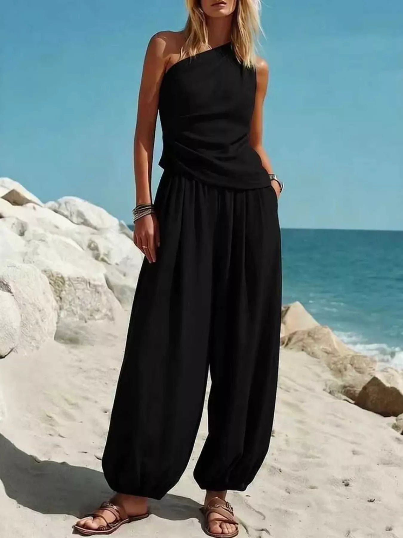 Shopimist plus size one-shoulder top and wide-leg pants set, featuring a stylish two-piece outfit with a modern fit.