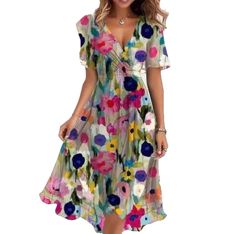 FitiqueFit floral print A-line dress with V-neck, short sleeves, and midi length, featuring a vibrant, feminine design.