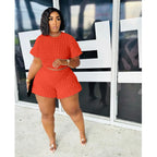 Plus size women's casual summer two-piece set featuring stylish shorts and top, from Trendy Attic Store01.