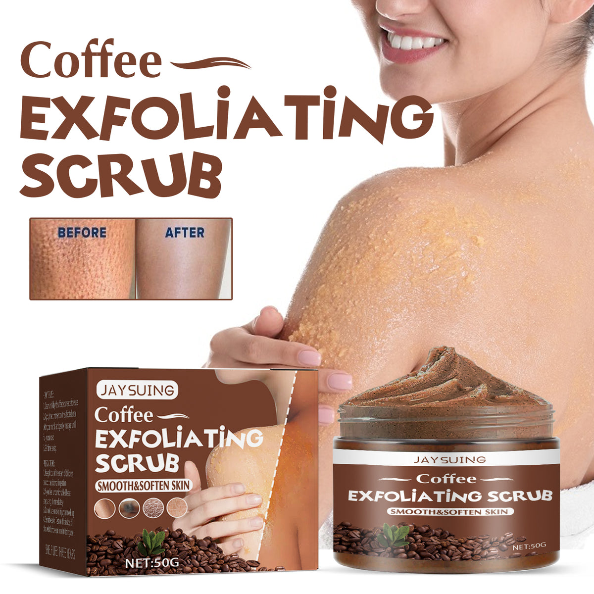 Brown JaySuing coffee exfoliating scrub in a jar and box with text "Coffee Exfoliating Scrub", coffee beans, and before/after.