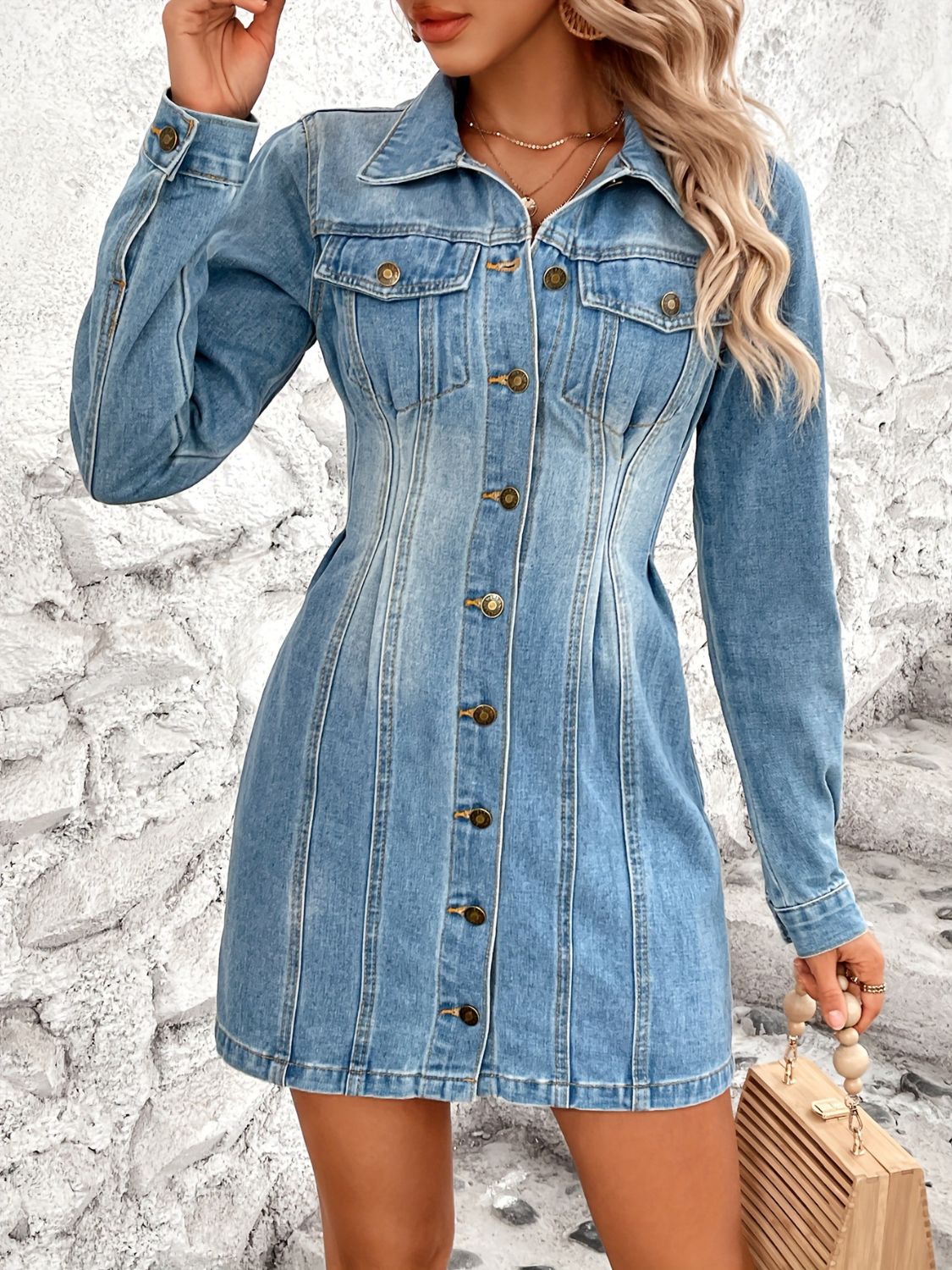 Plush Fashion Hub denim long sleeve button-up dress with pockets, showcasing a casual, stylish clothing and fashion outfit.