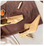 White Elegance Square Toe Stiletto Mules by eprolo, stylish heels with a sleek square toe design.