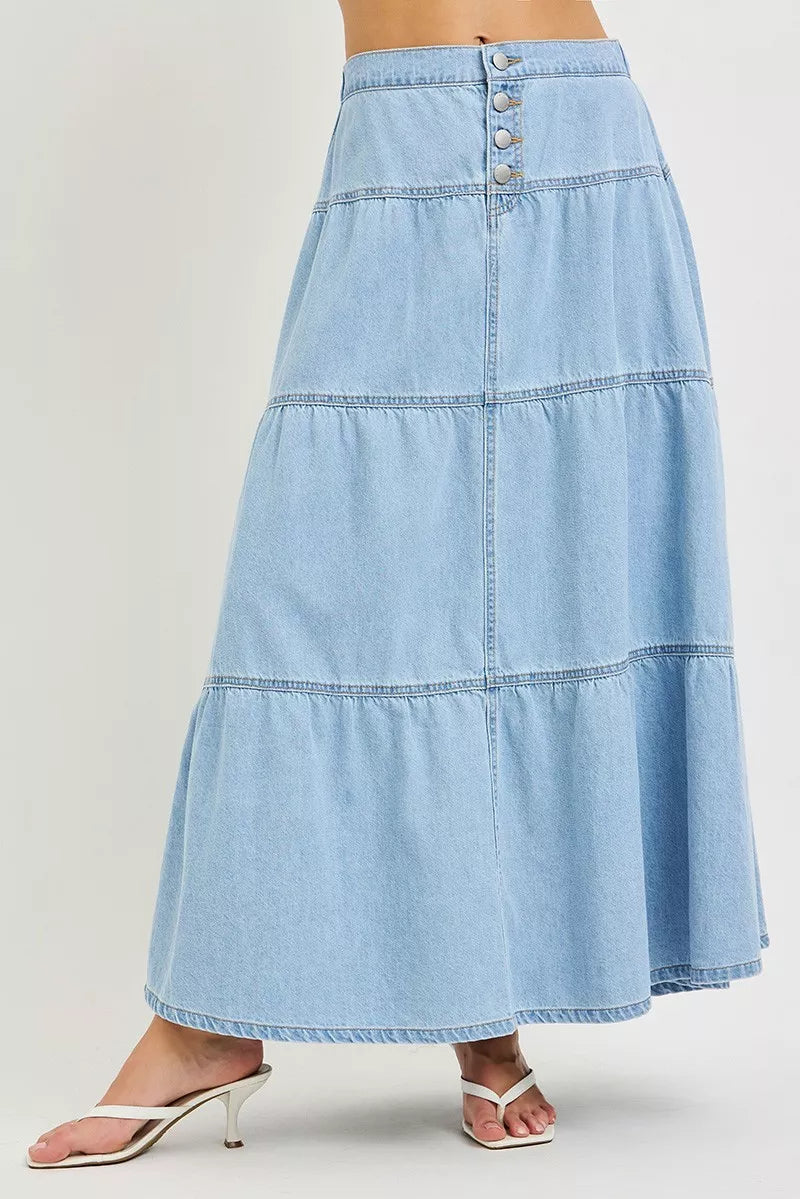 Plush Fashion Hub Risen high-rise ruffle long skirt with flowing fabric and elegant ruffle details on a model.