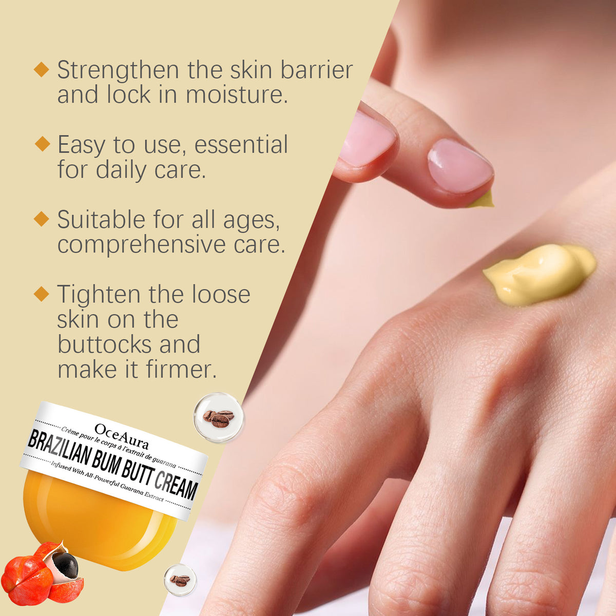 OceAura yellow Brazilian Bum Butt Cream applied to a hand, with text listing benefits.