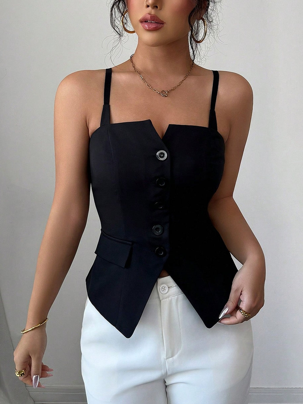 Women's fitted sleeveless cami tank top with V-neck and button-front design, perfect for summer.