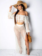 Plus size crochet off-shoulder fringe top and skirt set by Shopimist, featuring a stylish two-piece design with intricate crochet details.