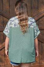 Plus size Mazie Mist Ribbed Patchwork Tee by Threaded Pear, featuring a comfortable ribbed fabric and colorful patchwork design.