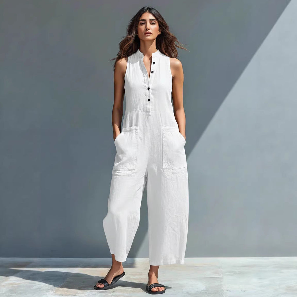 Summer sleeveless jumpsuit with pockets, V-neck, buttons, and casual trousers for women, by Plush Fashion Hub.