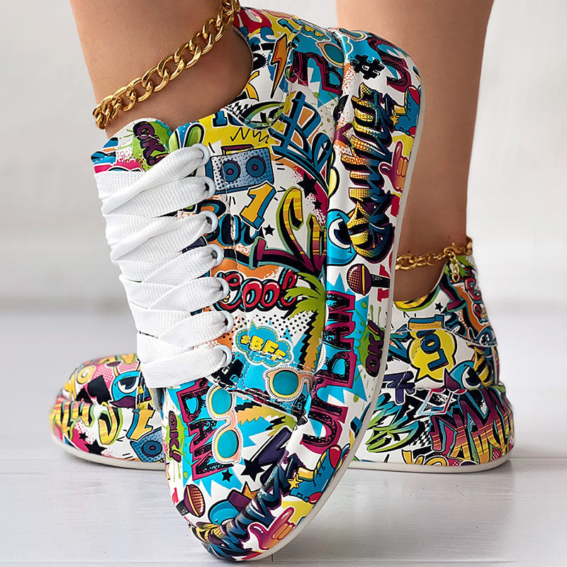 Women's round-toe thick-sole lace-up sneakers by Plush Fashion Hub with casual print design and durable footwear style.