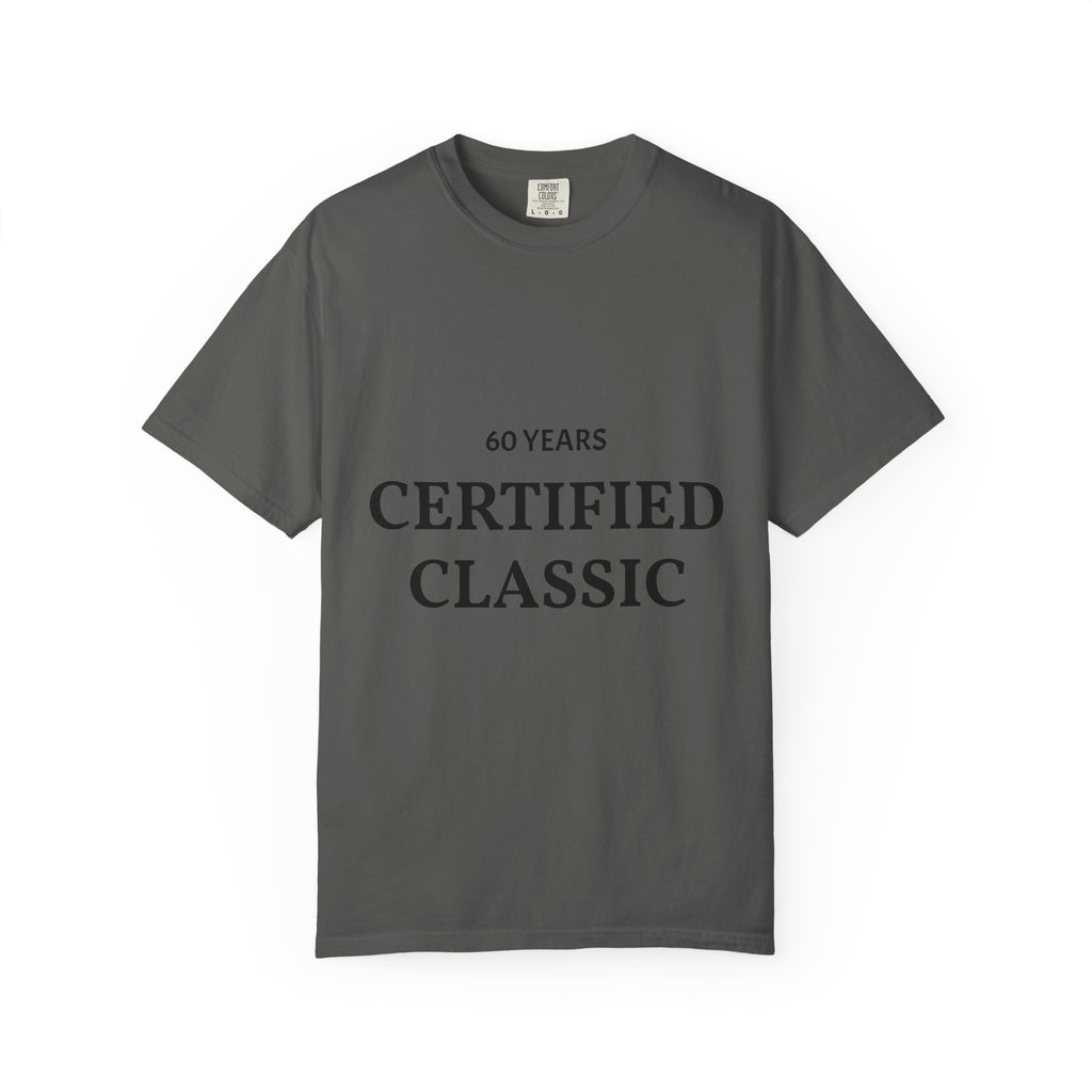 Black Certified Classic 60 Years T-Shirt by Printify with vintage logo print on front, casual fit and comfortable cotton fabric.