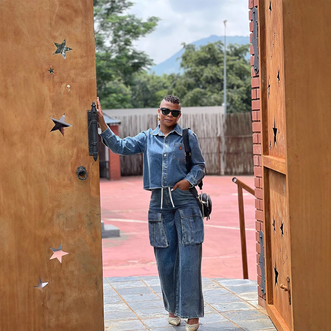Wide-leg cargo jeans from Plush Fashion Hub featuring street style design and multiple pockets, casual urban look.
