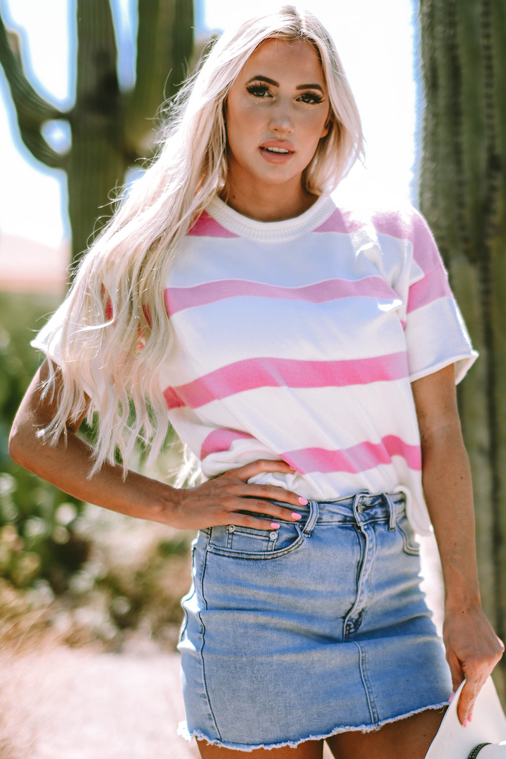Lightweight knitted short sleeve summer top by Threaded Pear, featuring a breathable design and casual style.