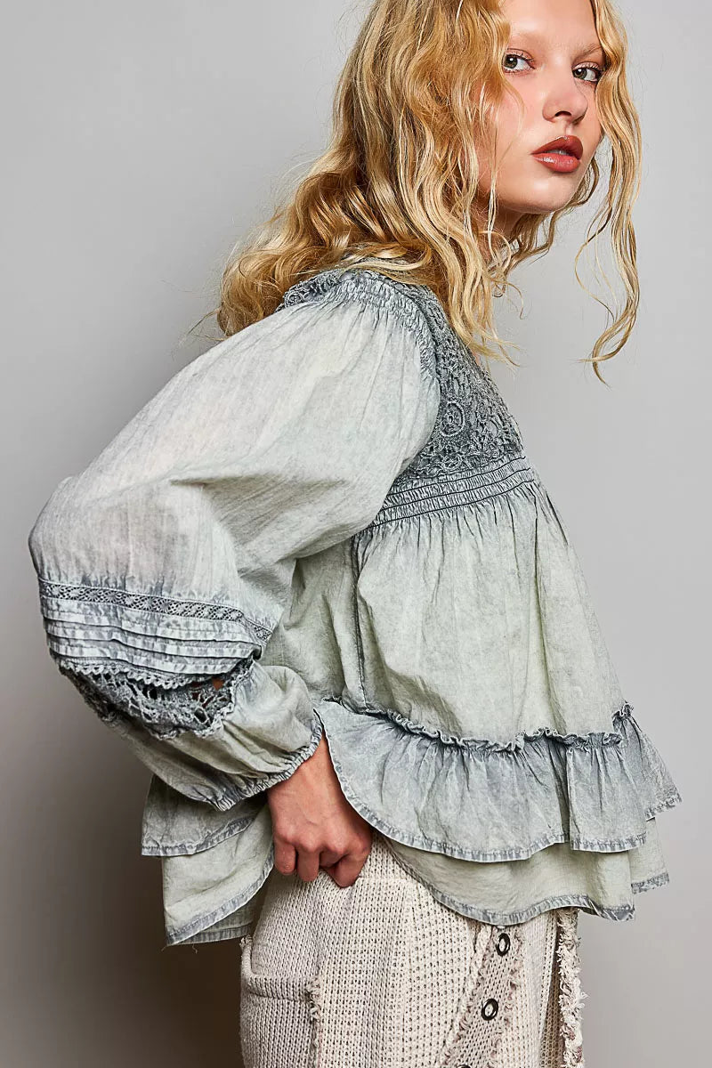 POL Washed Layered Lace Pintuck Flared Woven Blouse by Shopimist with delicate lace details and a flared, layered design.