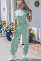 Threaded Pear Rosalie Color Cropped Lounge Set with matching pant set, featuring a relaxed fit and vibrant color for comfortable style.