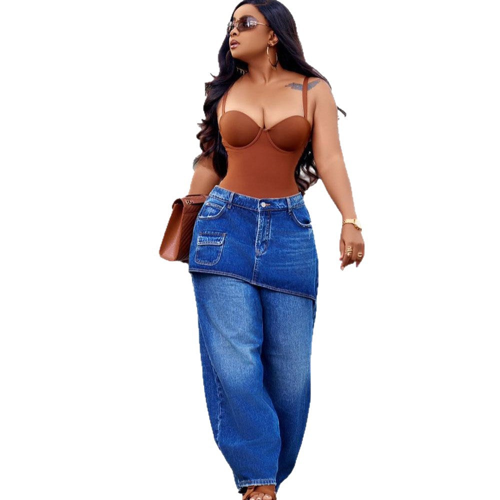 Plush Fashion Hub washed elastic waist straight leg denim jeans, showing the relaxed fit and classic blue denim fabric.