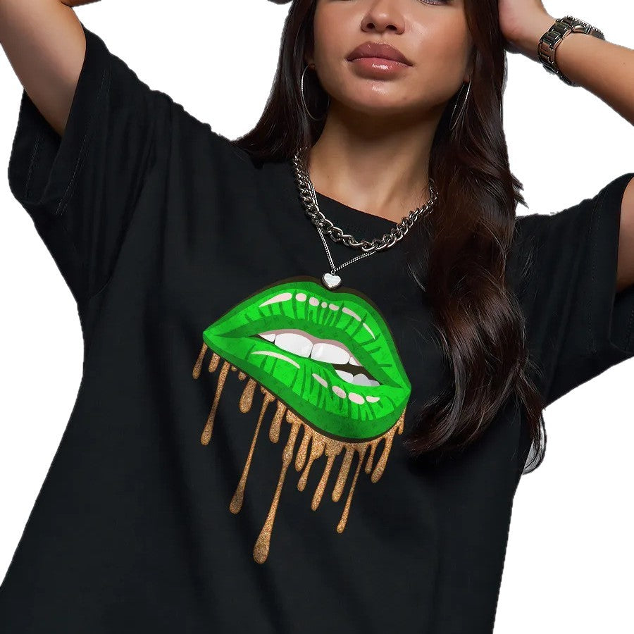 Eprolo women's lips pattern round neck short sleeve loose T-shirt, casual top with bold lips print, comfortable fit for everyday wear