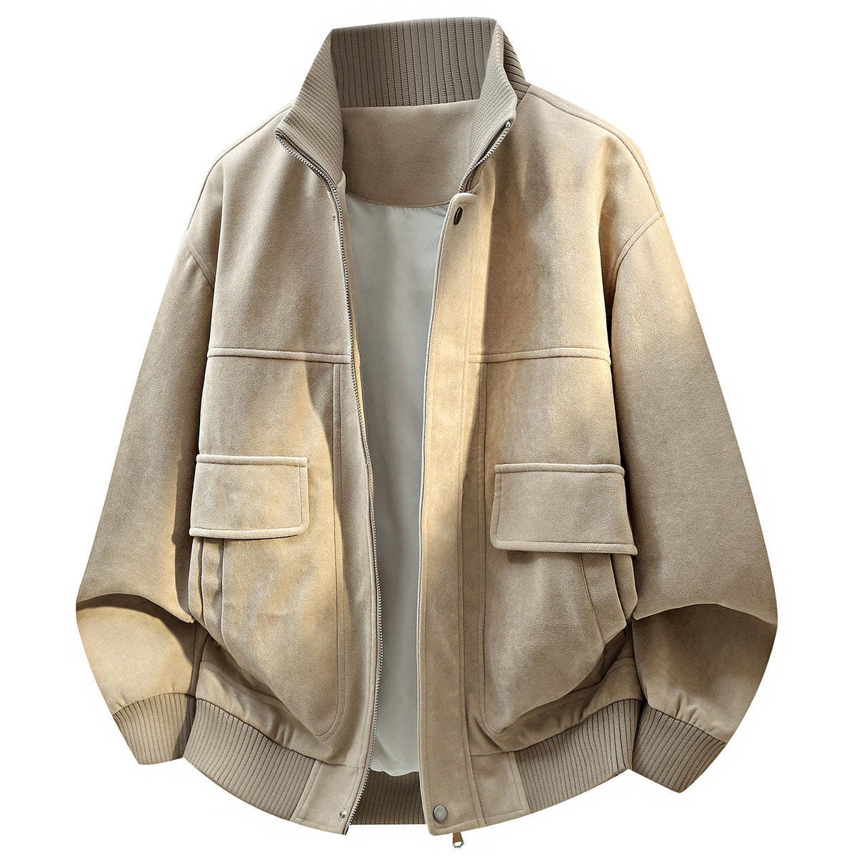 Beige suede bomber jacket with ribbed collar, cuffs, hem, zip closure, and two flap pockets.