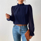 Women's Mock Neck Chiffon Blouse – Wave Pattern Sheer Long Sleeve with Ruffle Cuffs