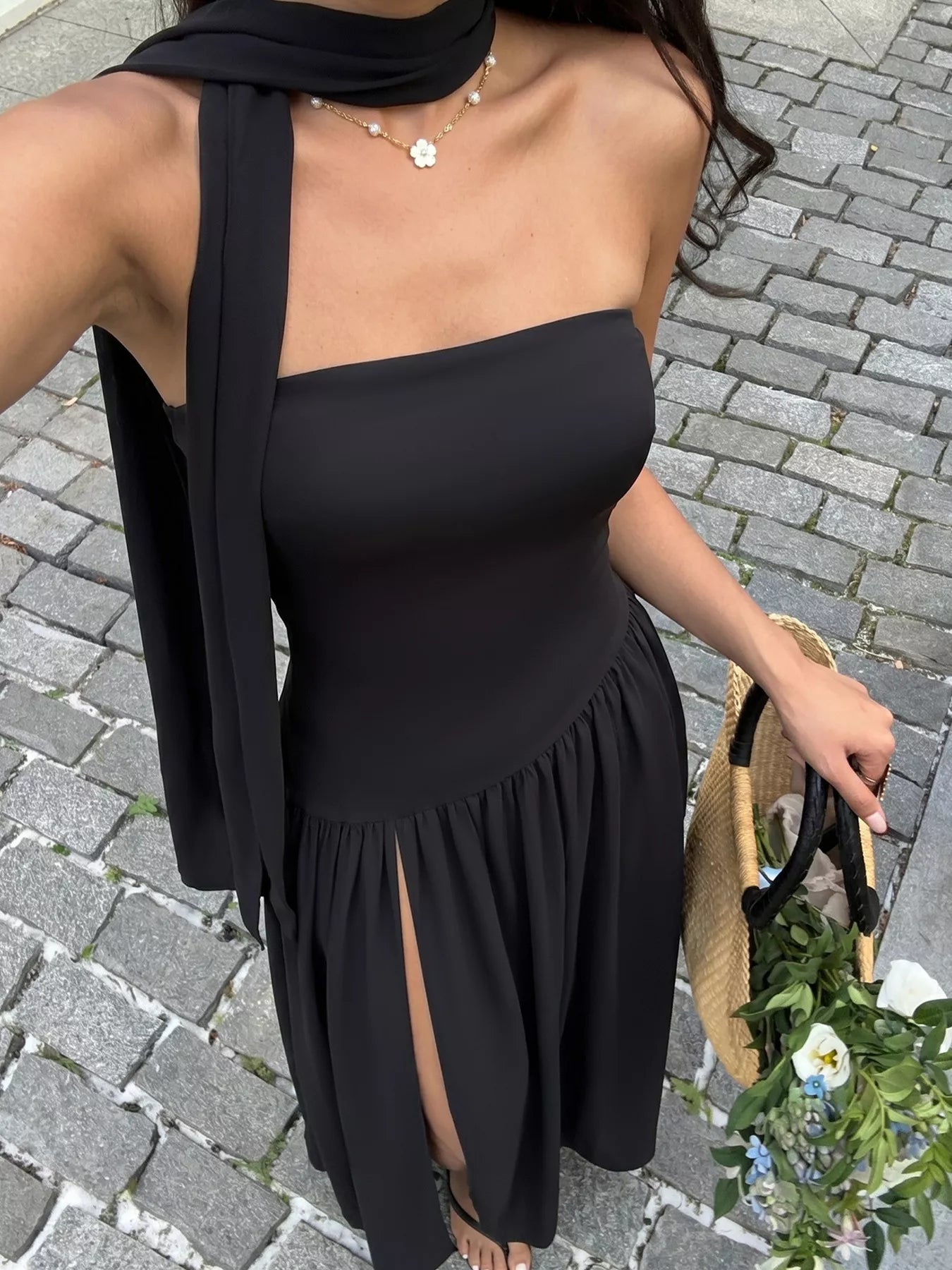 Maxi dress with slit and matching scarf by Trendsi, featuring flowy fabric and elegant design for stylish occasions.