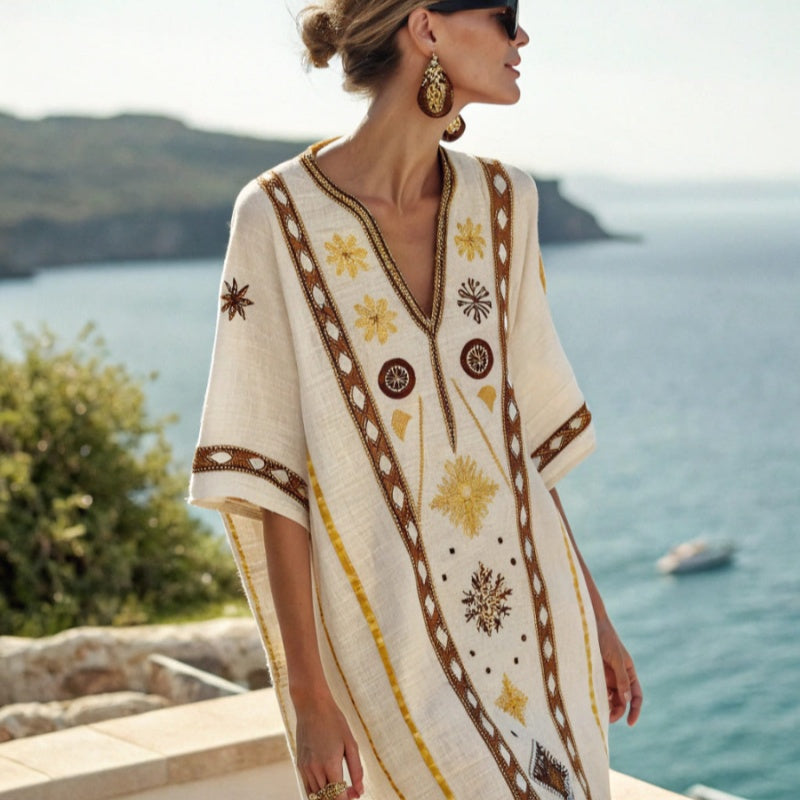 Women's printed loose A-line beach midi dress by FitiqueFit, featuring a flowy design perfect for vacation or resort wear