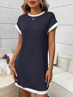 Ribbed knit mini dress with contrast trim and functional pocket, stylish dress from Trendsi featuring a fitted silhouette and short sleeves.