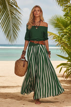 Women's off-shoulder top and slit maxi skirt set in casualwear style, featuring comfortable, stylish fabric from Plush Fashion Hub.