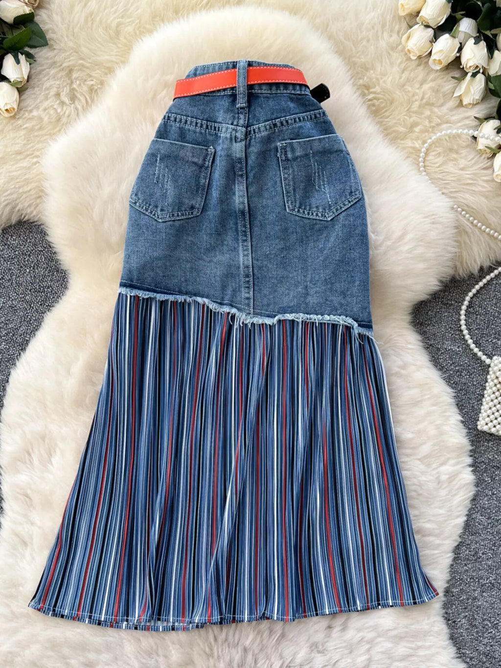 Plus size striped patchwork denim skirt by Plush Fashion Hub, featuring a full-length design with colorful patchwork details.