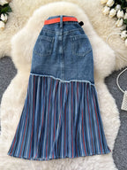 Plus size striped patchwork denim skirt by Plush Fashion Hub, featuring a full-length design with colorful patchwork details.