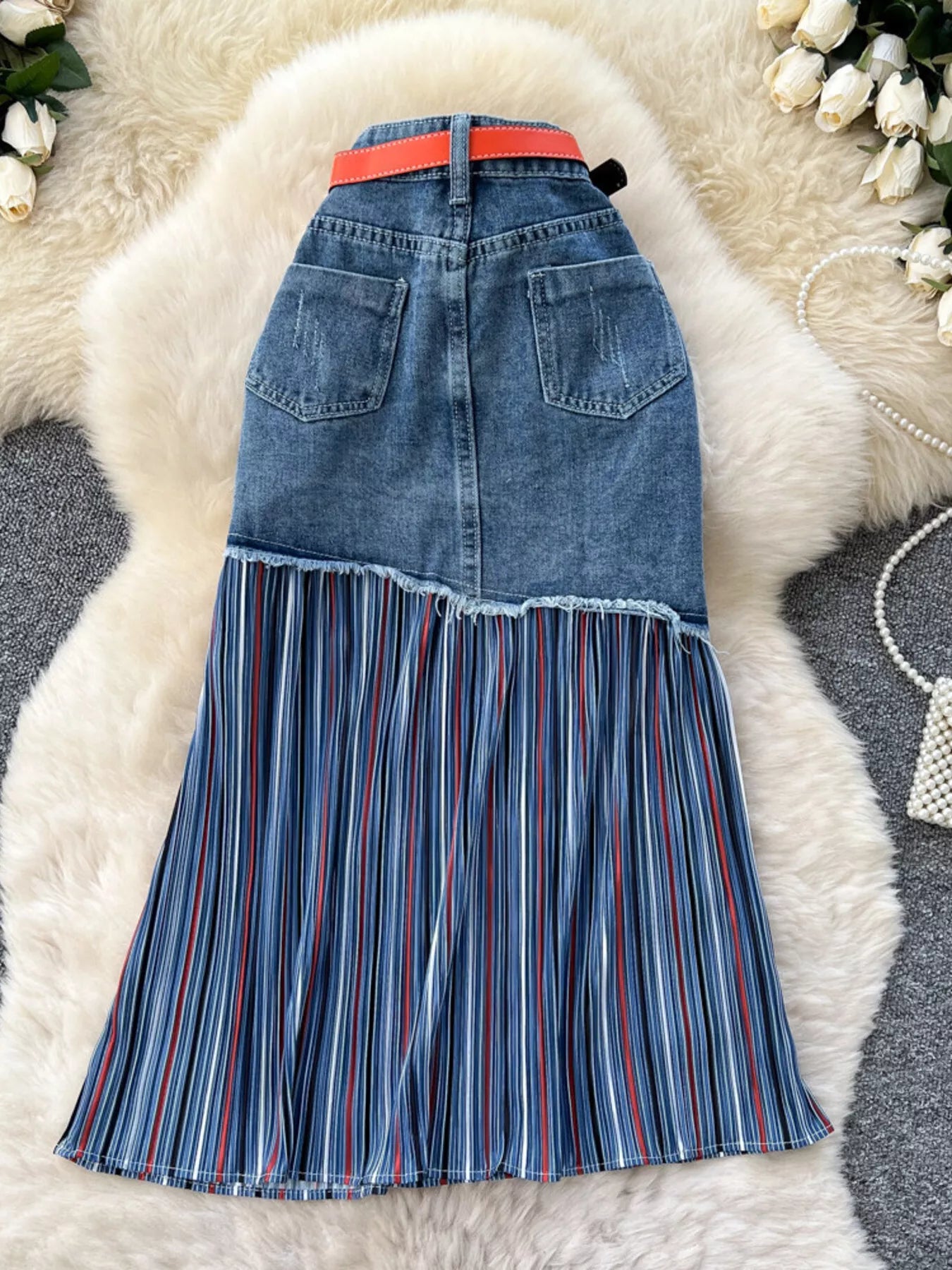Plus size striped patchwork denim skirt by Plush Fashion Hub, featuring a full-length design with colorful patchwork details.