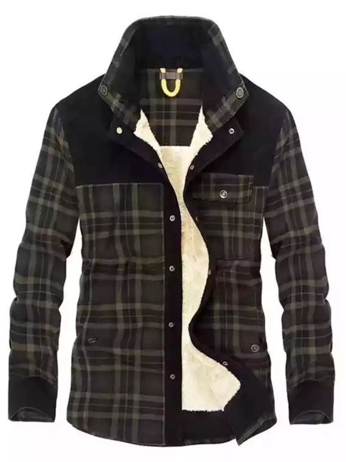 Men's plaid snap-down jacket with fleece lining, plus size men's outerwear by Shopimist, showcasing the jacket's plaid pattern and snap buttons.