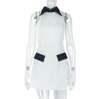 Elegant women's black and white high-neck dress from LadyShow.Store, featuring a sophisticated design and stylish fit.
