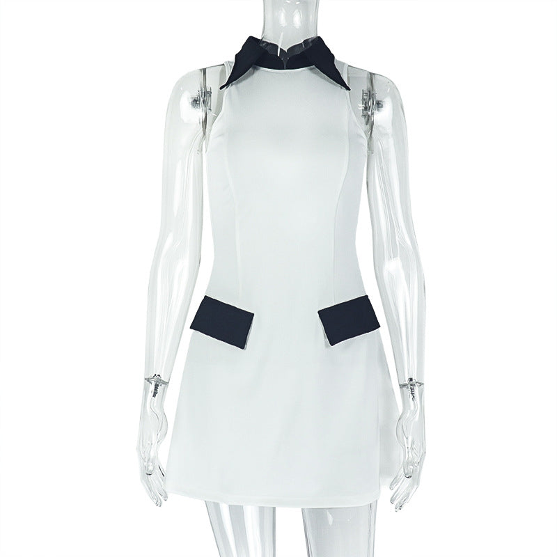 Elegant women's black and white high-neck dress from LadyShow.Store, featuring a sophisticated design and stylish fit.