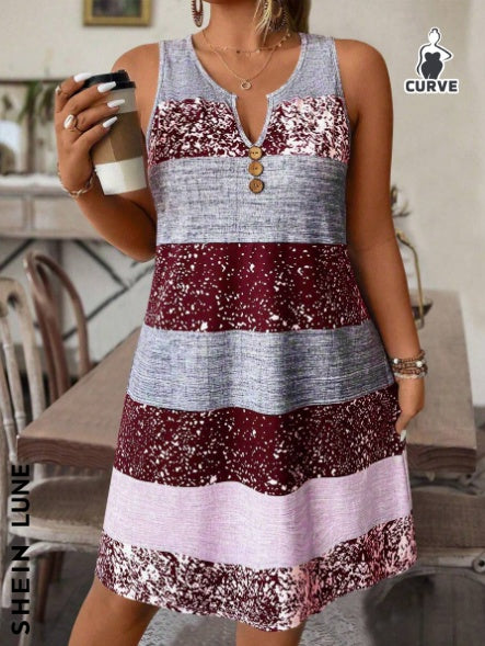 Plus size striped tank top and skirt set by FitiqueFit, casualwear outfit featuring a sleeveless top and matching skirt.