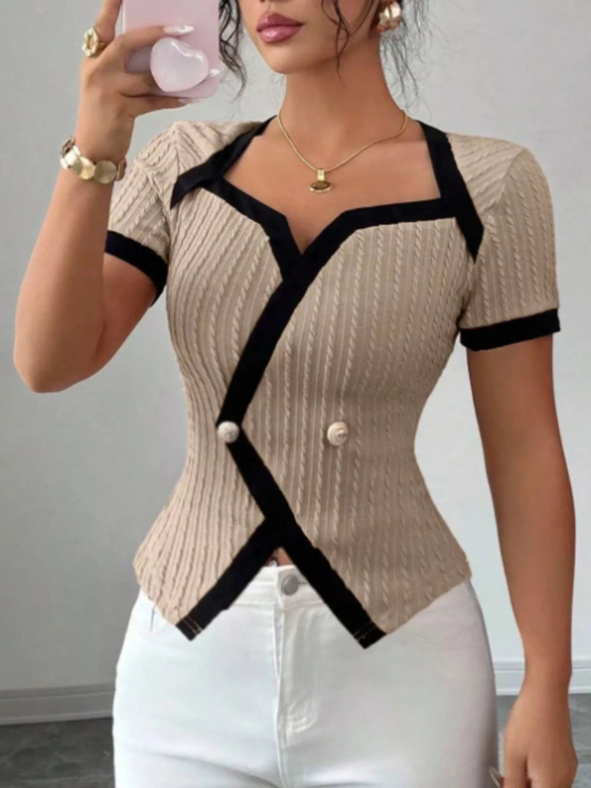 Earth tones contrast trim short sleeve T-shirt by Plush Fashion Hub, featuring a casual fit and stylish color accents.