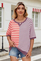 Striped round neck half sleeve T-shirt from Trendsi, casual tops with a comfortable fit and stylish striped pattern.