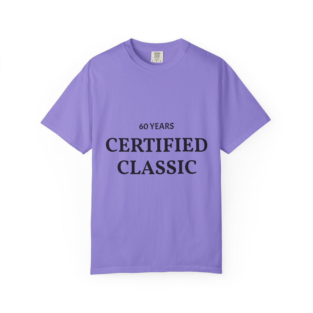 White Certified Classic 60 Years T-Shirt by Printify featuring a vintage-style logo design on front, casual fit and soft fabric.