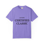 White Certified Classic 60 Years T-Shirt by Printify featuring a vintage-style logo design on front, casual fit and soft fabric.