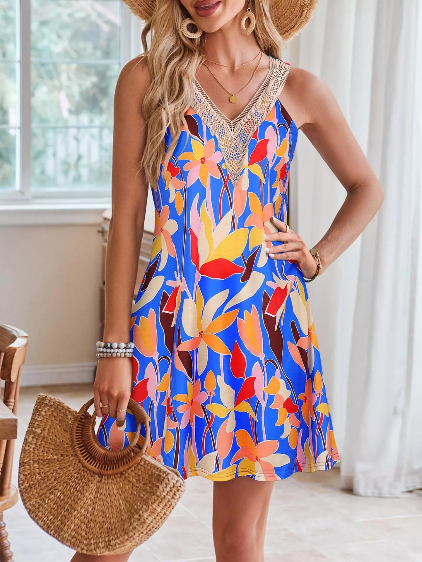 Tropical leaf print V-neck sleeveless dress by Shopimist, featuring vibrant green foliage and lightweight fabric for warm weather.