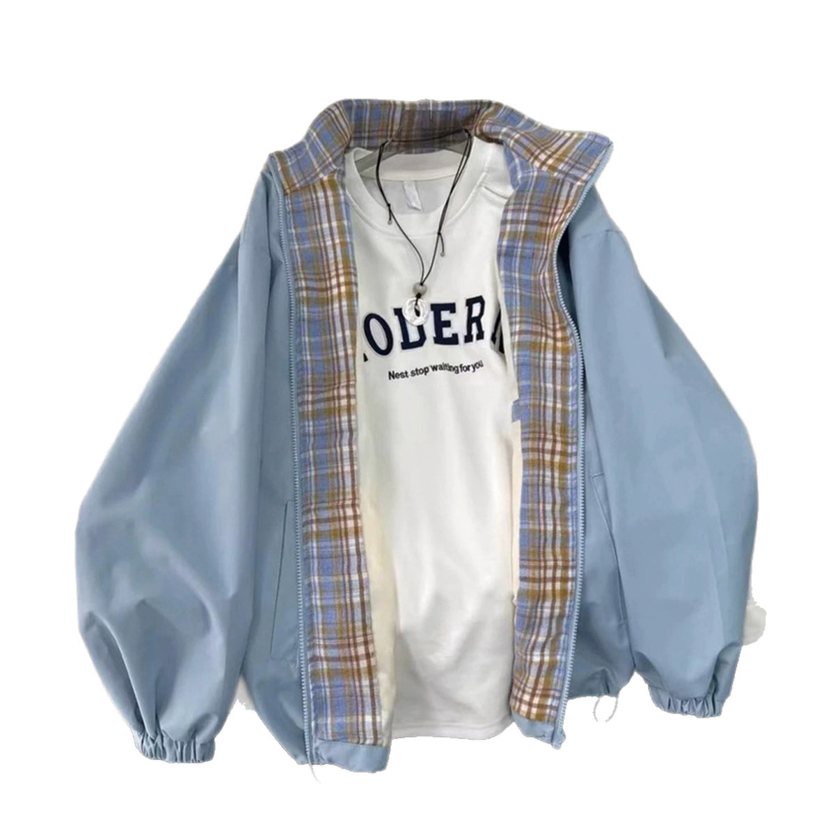 Light blue zip-up jacket with plaid lining, over a white t-shirt and necklace.