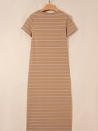 Women's striped short sleeve maxi t-shirt dress with side slit from Plush Fashion Hub, casual summer dress with a relaxed fit.
